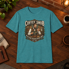 Coffee Snob Male T-Shirt Heather Galapagos Blue short-sleeve coffee-bar flat lay