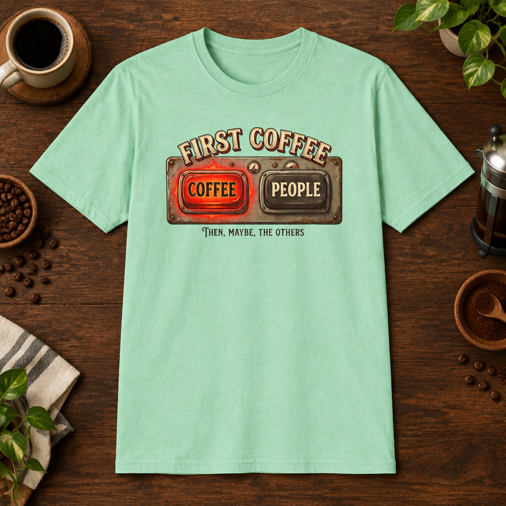First Coffee Then T-Shirt Mint Green preferred-size coffee-bar flat lay