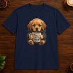 This Is Going Viral T-Shirt in Navy on a dark wood coffee bar