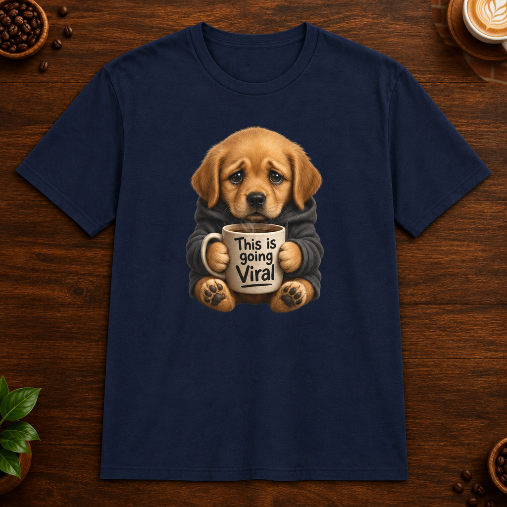 This Is Going Viral T-Shirt in Navy on a dark wood coffee bar