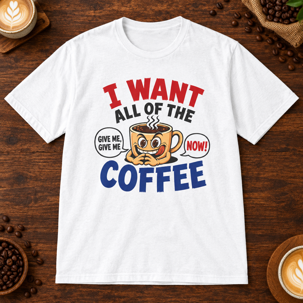 I Want All of the Coffee T-Shirt White on warm coffee bar