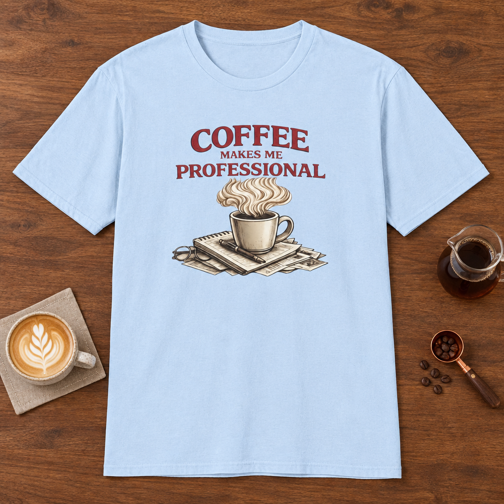 Coffee Makes Me Professionial T-Shirt Light Blue coffee bar mockup