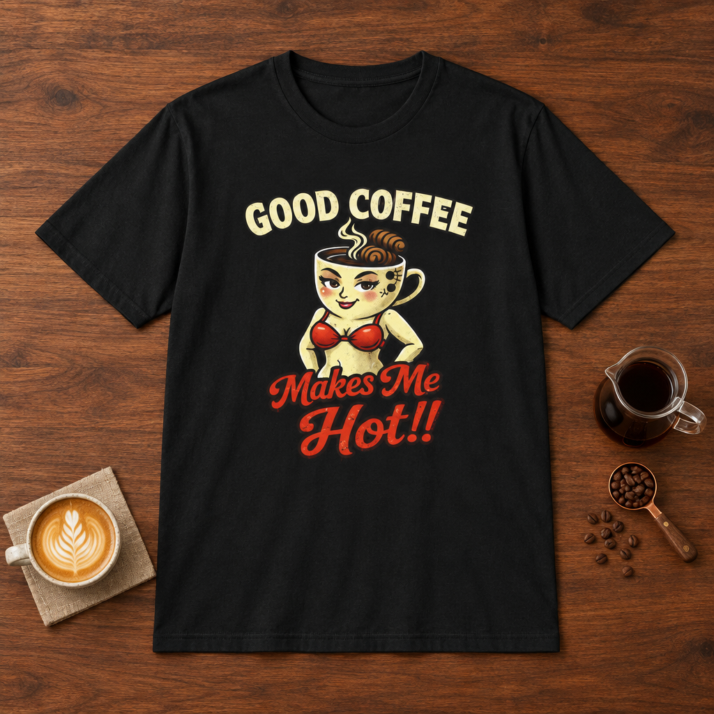 Good Coffee Makes Me Hot T-Shirt Black coffee bar mockup