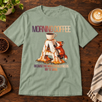 Morning Coffee T-Shirt Sage on warm coffee bar
