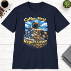 Coffee First Regret Later T-Shirt in Light Blue, zoomed lifestyle mockup