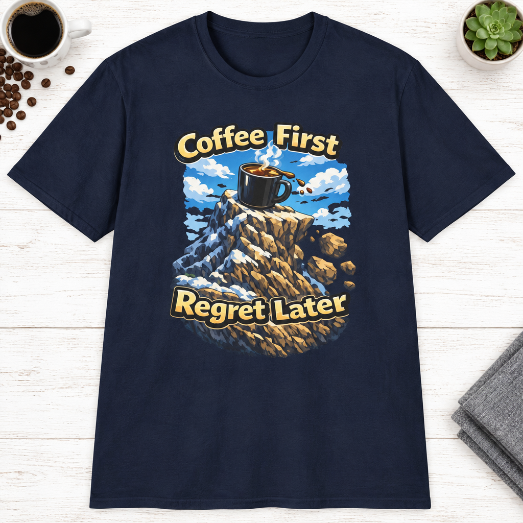 Coffee First Regret Later T-Shirt in Light Blue, zoomed lifestyle mockup