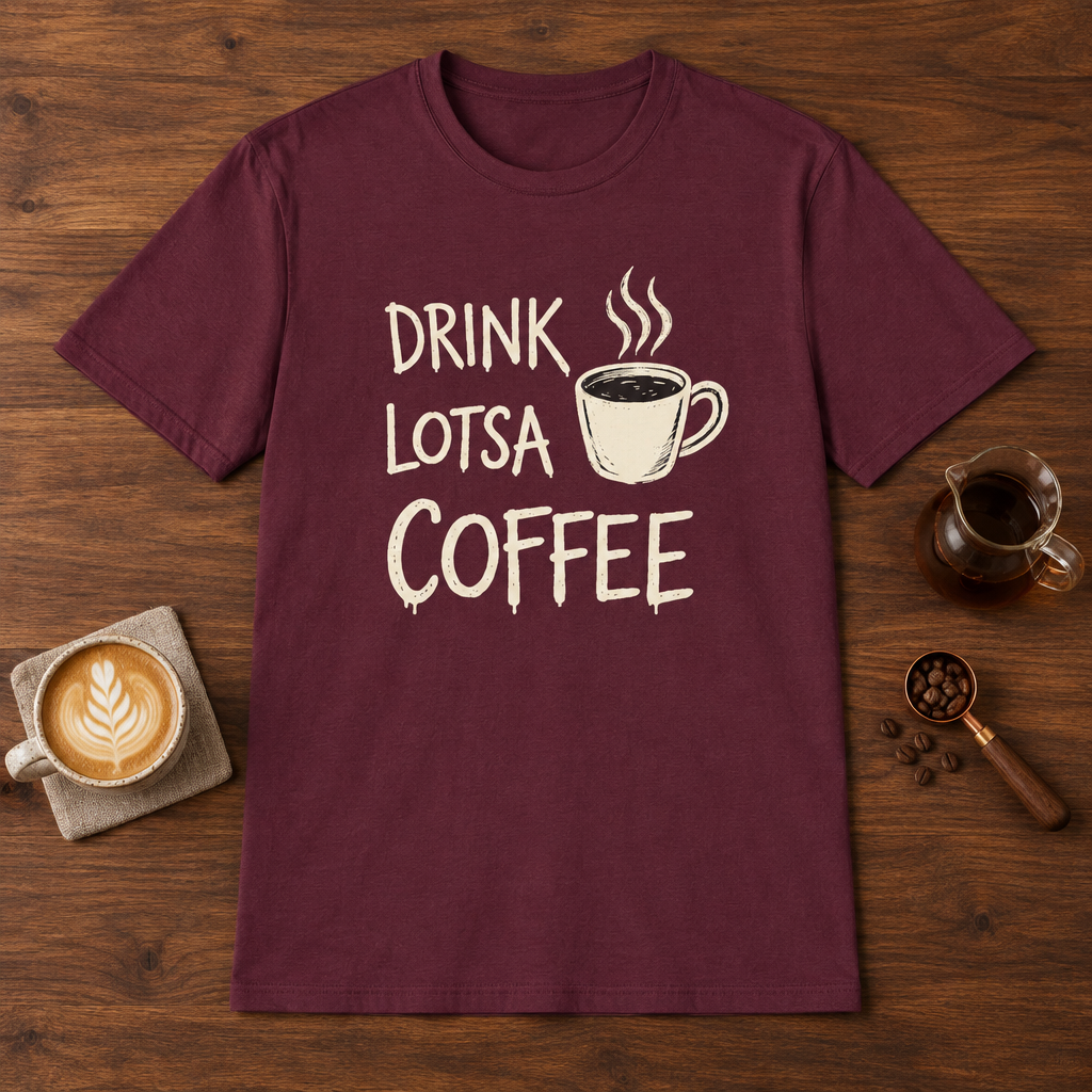 Drink Lotsa Coffee-Dark T-Shirt Maroon coffee bar mockup