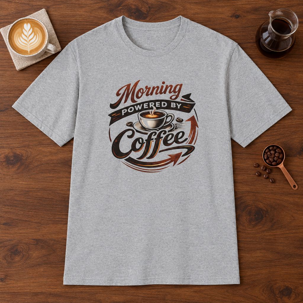 Morning Powered by Coffee T-Shirt Sport Grey coffee bar mockup