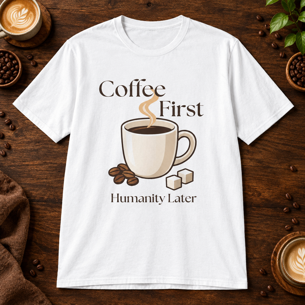 Coffee First T-Shirt White on warm coffee bar
