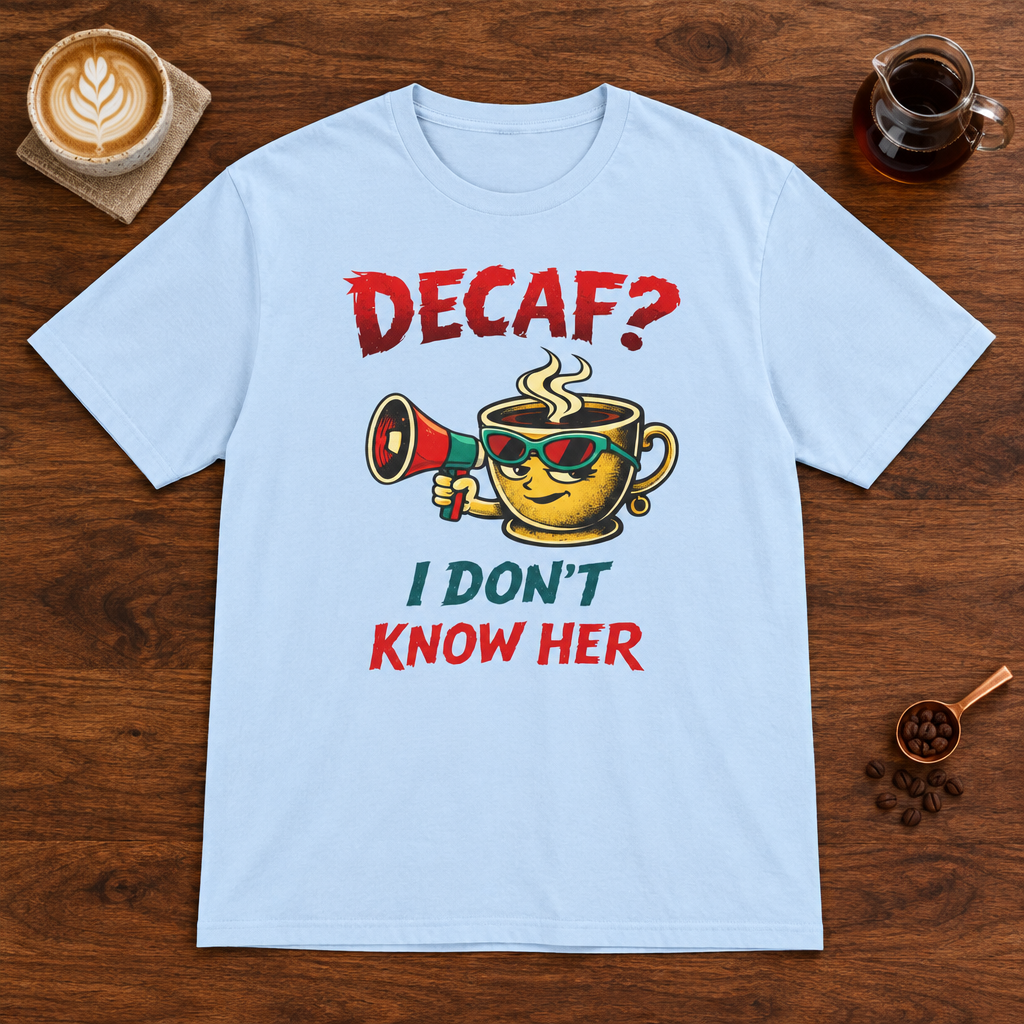 Decaf? T-Shirt Light Blue coffee bar mockup