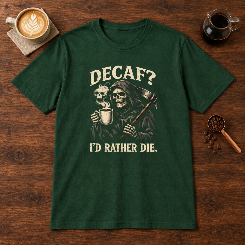 Decaf? T-Shirt Forest Green coffee bar mockup