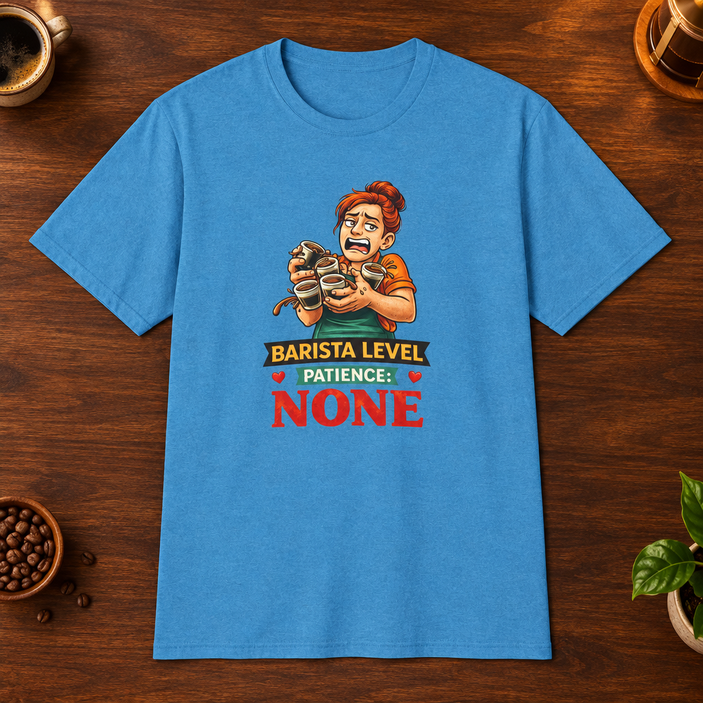 Barista Level T-Shirt in Heather Sapphire, overhead coffee-bar flat-lay mockup
