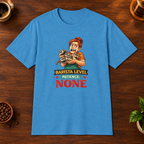 Barista Level T-Shirt in Heather Sapphire, overhead coffee-bar flat-lay mockup