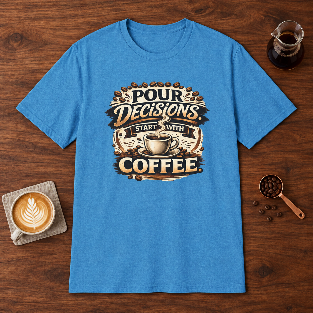 Pour Decisions Start with Coffee T-Shirt Heather Sapphire coffee bar mockup