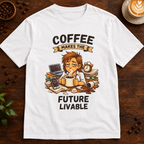 Coffee Makes the Woman T-Shirt in White on a dark wood coffee bar