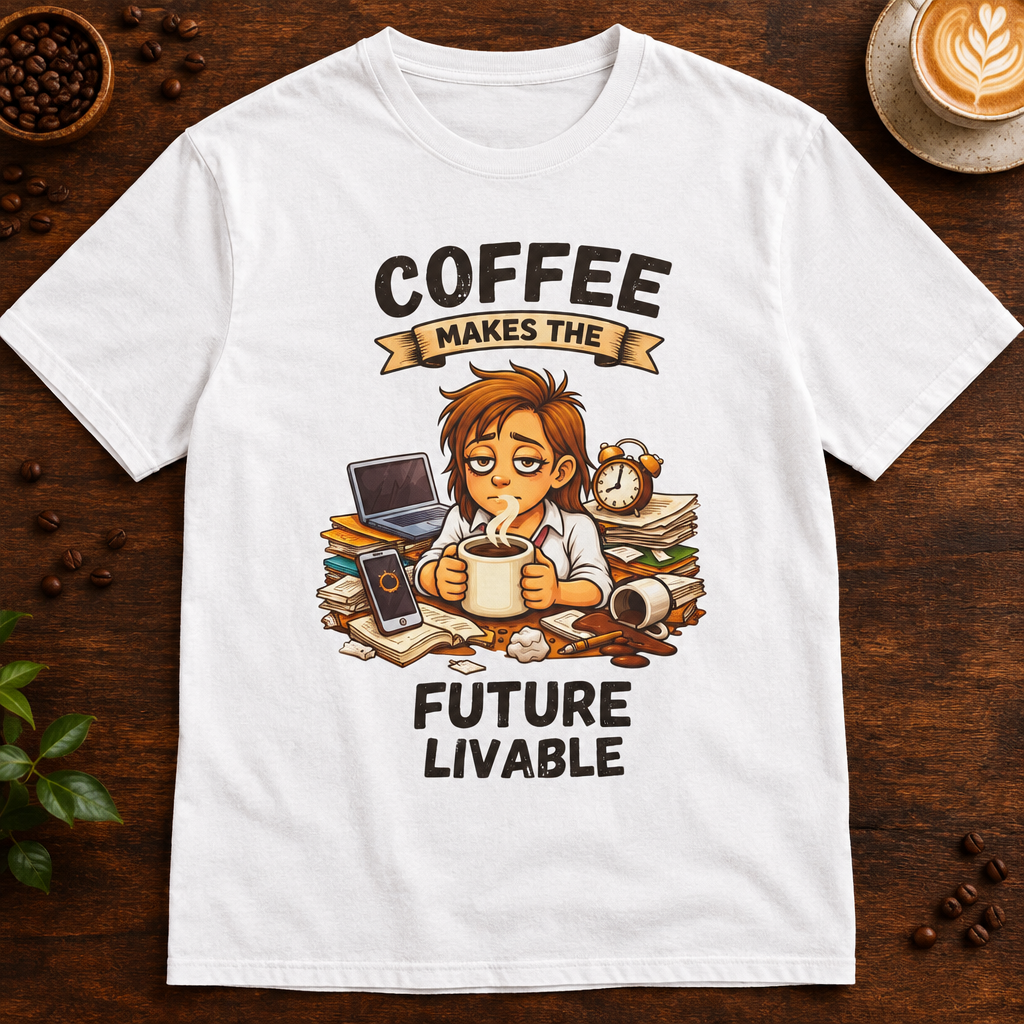Coffee Makes the Woman T-Shirt in White on a dark wood coffee bar