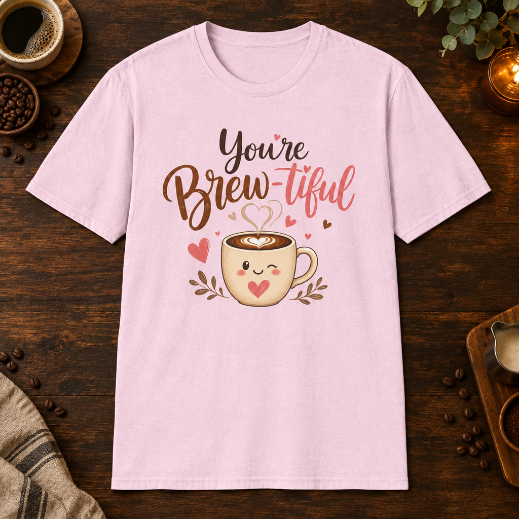 You’re Brew-tiful T-Shirt in Light Pink, overhead coffee-bar flat-lay mockup