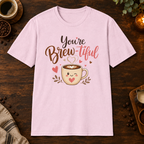 You’re Brew-tiful T-Shirt in Light Pink, overhead coffee-bar flat-lay mockup