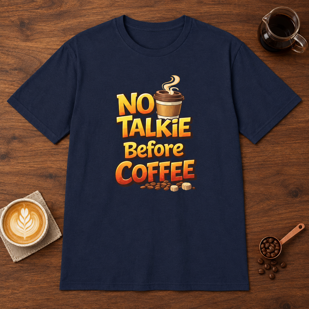 No Talkie Before Coffee 2 T-Shirt Navy coffee bar mockup