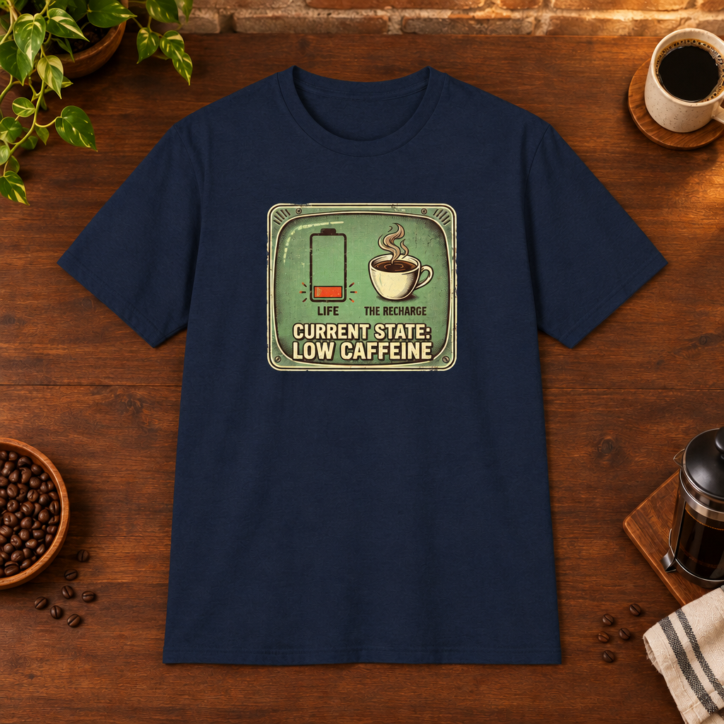 Current State T-Shirt Navy coffee-bar flat lay, Sport Grey-matched framing