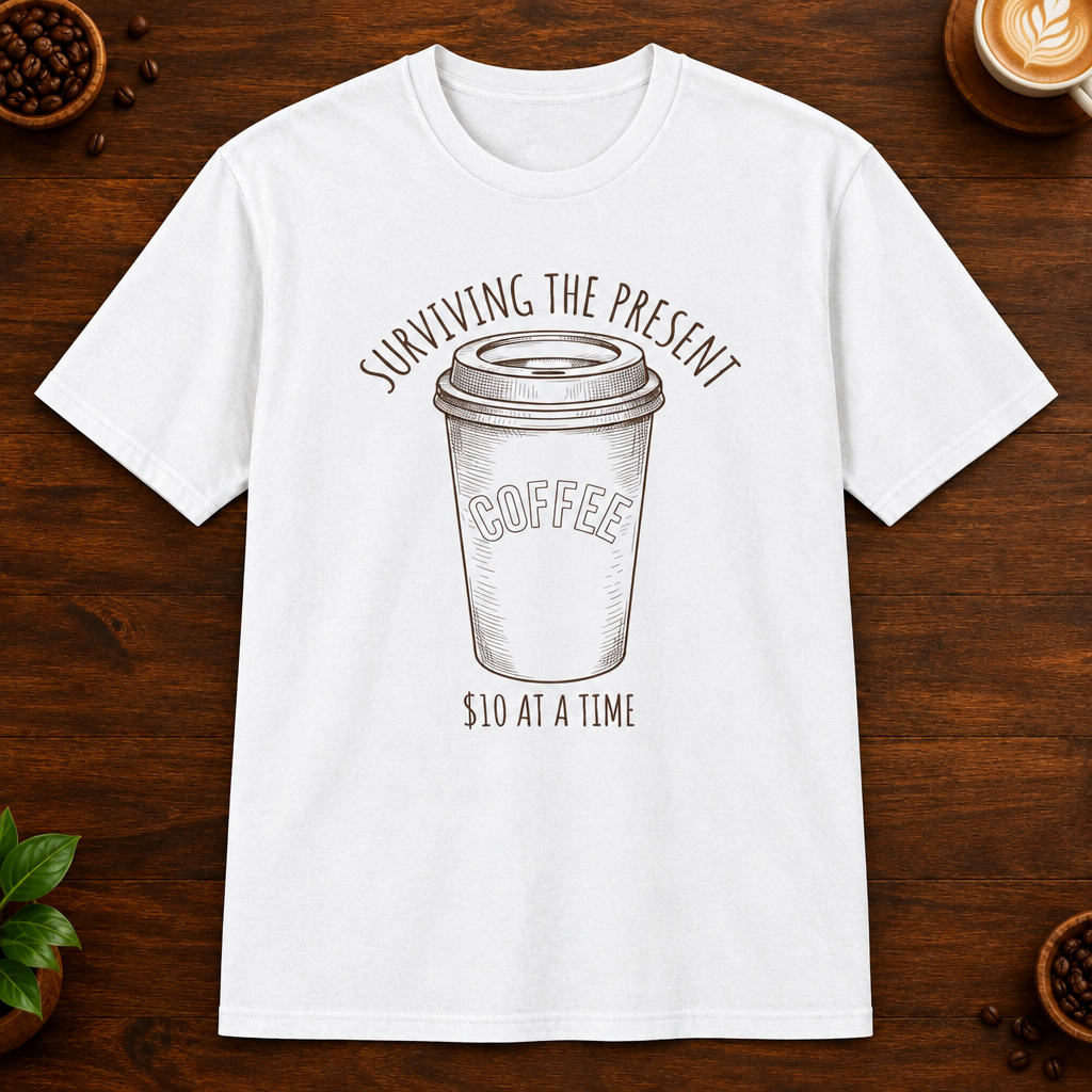 Surviving the Present T-Shirt in White on a dark wood coffee bar