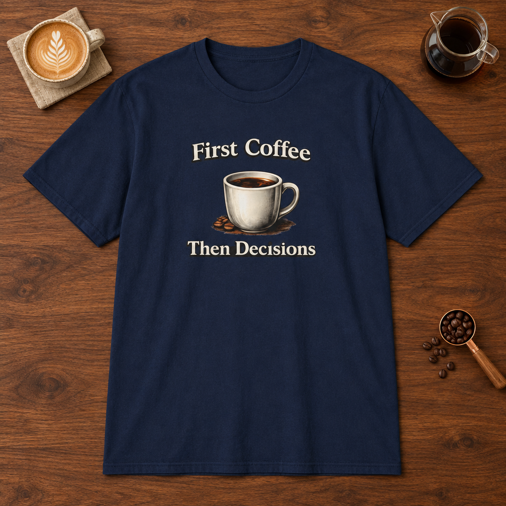 Coffee First Then Decisions T-Shirt Navy coffee bar mockup