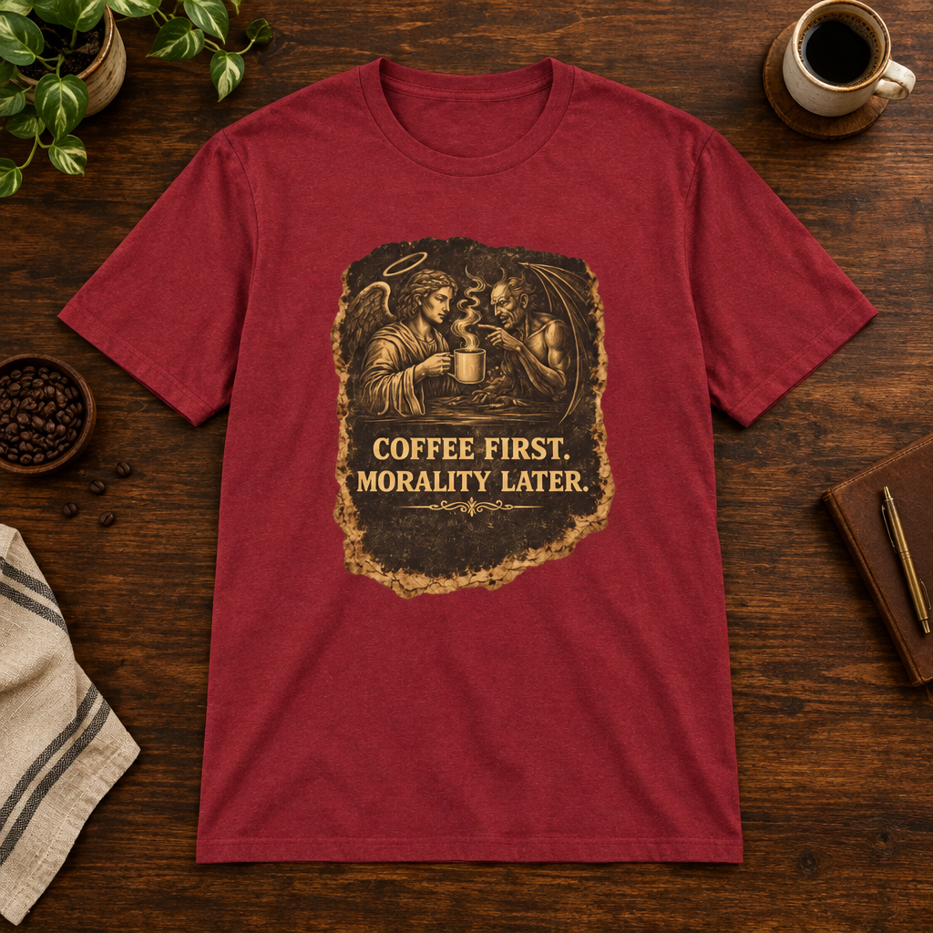 Heaven and Hell T-Shirt Antique Cherry Red short-sleeve coffee-bar flat lay