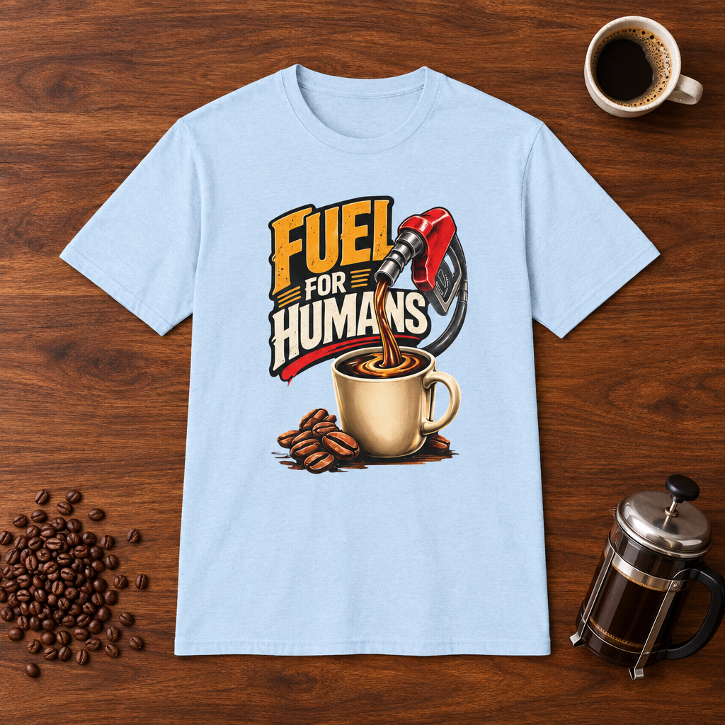 Fuel For Humans T-Shirt Light Blue coffee-bar flat lay