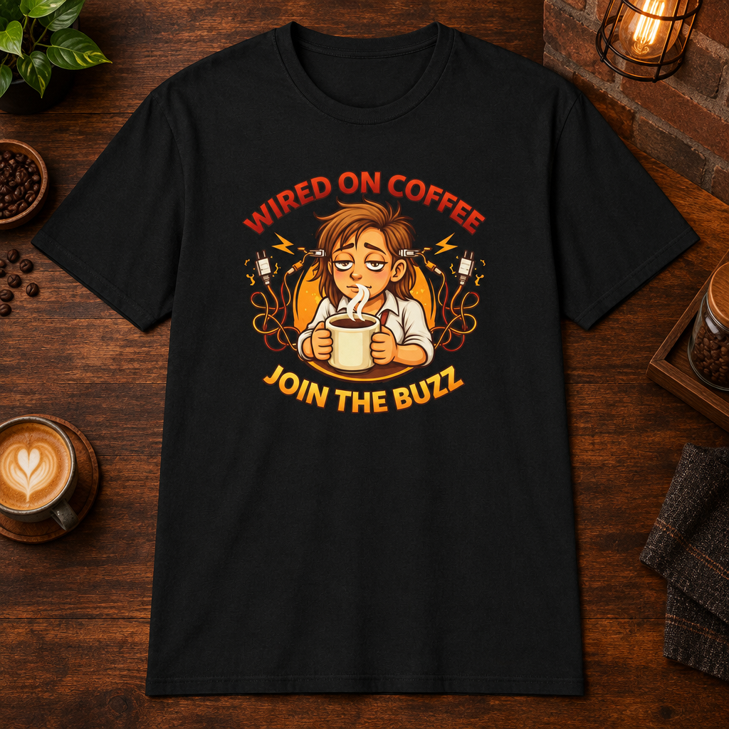 Wired on Coffee T-Shirt Black close-fill short-sleeve coffee-bar flat lay