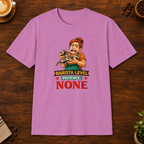 Barista Level T-Shirt in Heather Radiant Orchid, overhead coffee-bar flat-lay mockup