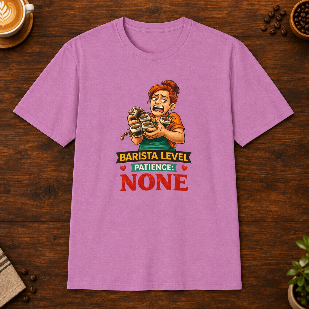 Barista Level T-Shirt in Heather Radiant Orchid, overhead coffee-bar flat-lay mockup