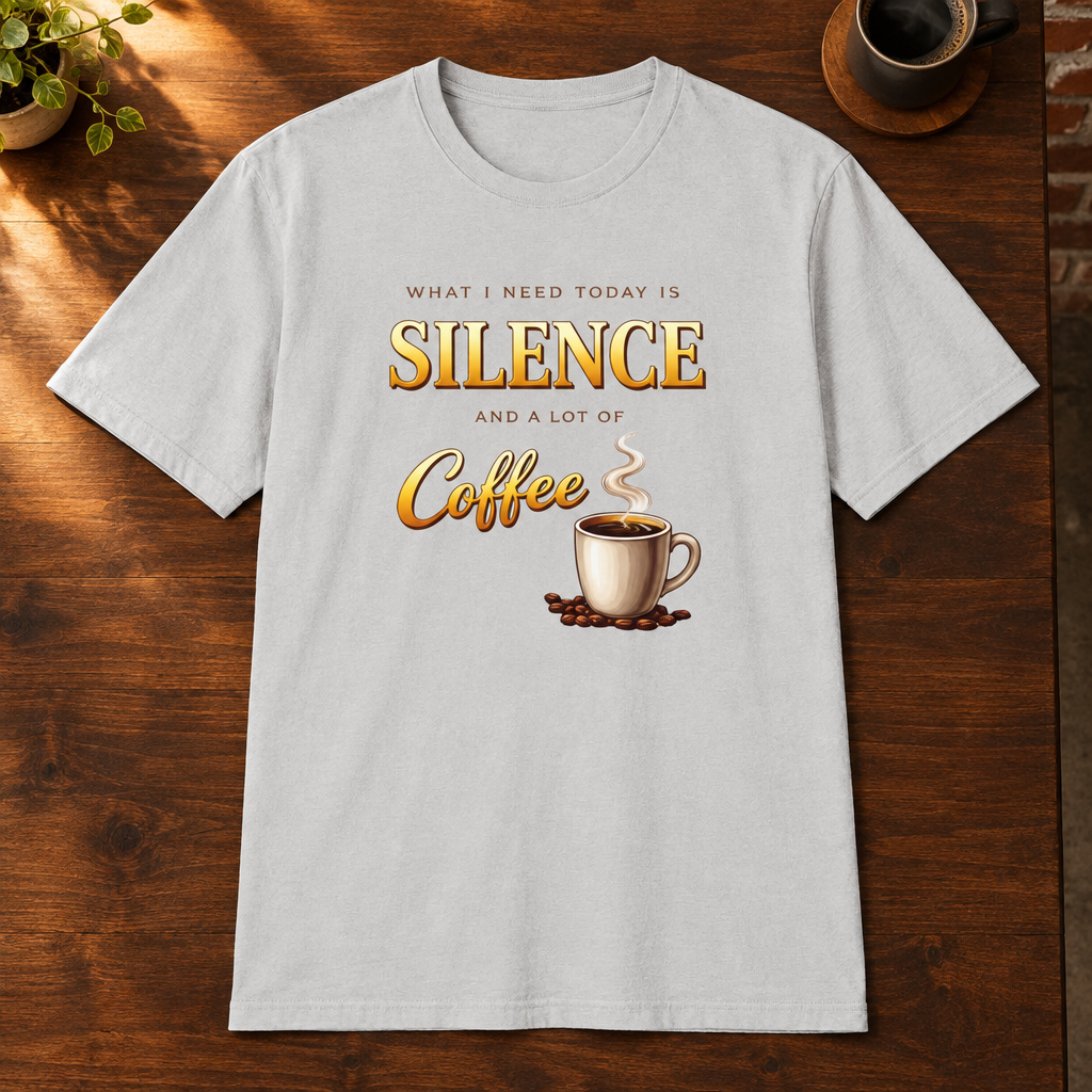 What I Need is Silence T-Shirt Ice Grey close-fill short-sleeve coffee-bar flat lay