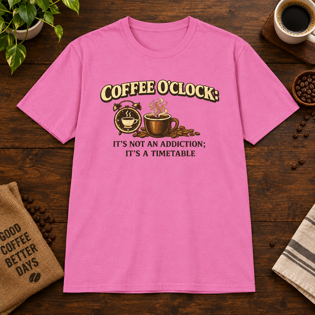 Coffee O'Clock T-Shirt Azalea short-sleeve coffee-bar flat lay