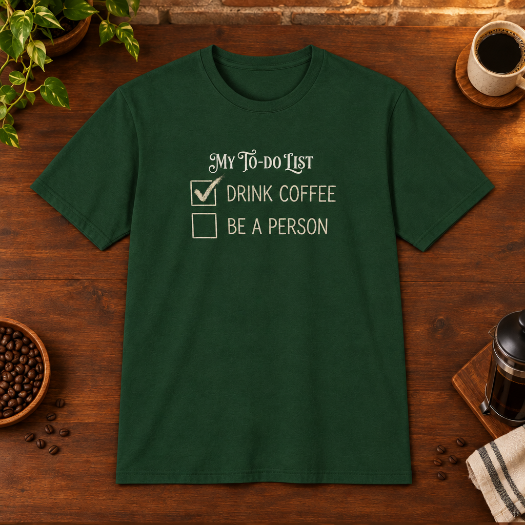 My To Do List T-Shirt Forest Green coffee-bar flat lay, consistent framing