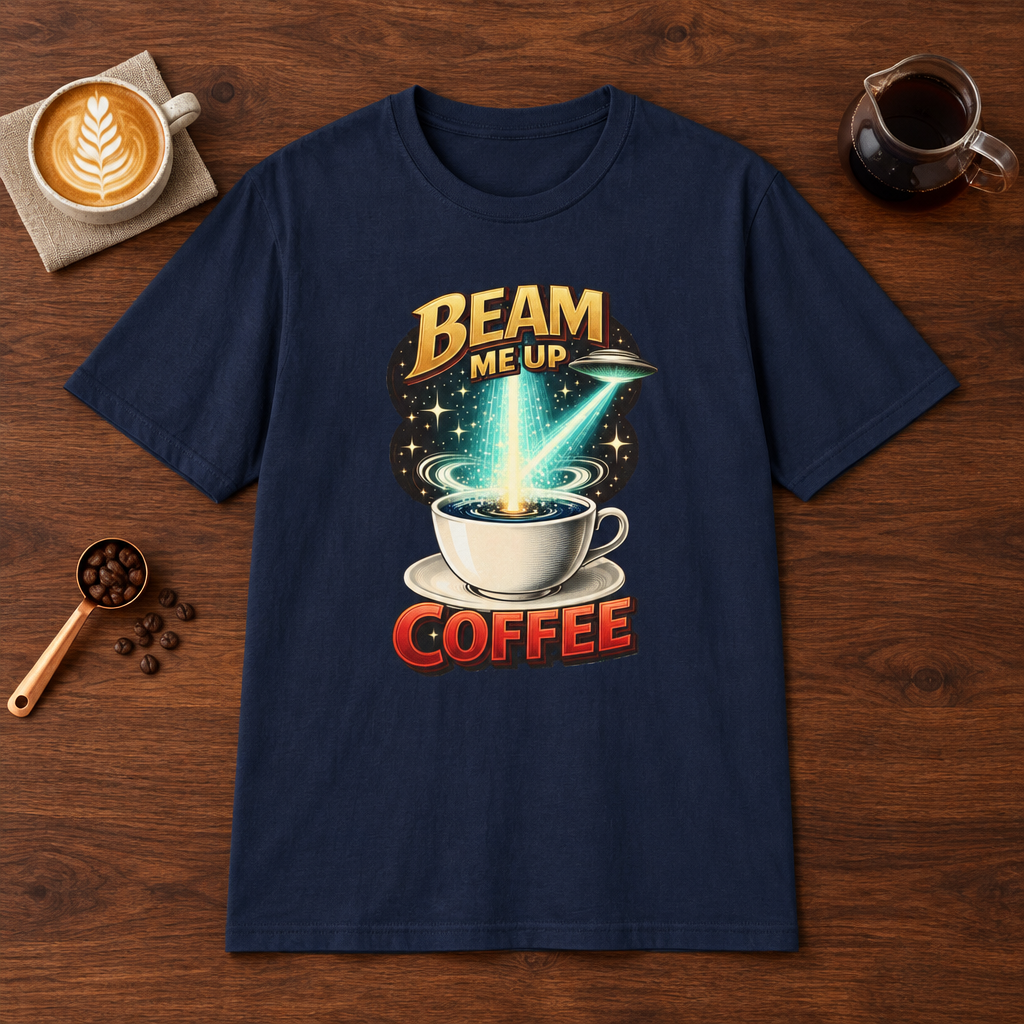 Beam Me Up Coffee T-Shirt Navy coffee bar mockup