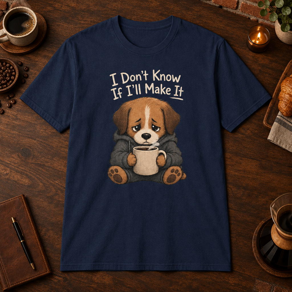 I Don't Know If I'll Make It T-Shirt in Navy, coffee bar flat lay mockup