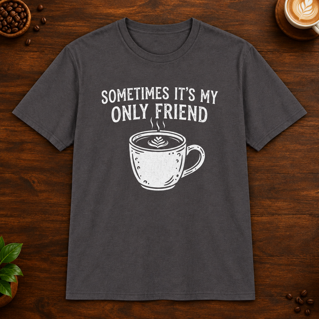 Sometimes It's My Only Friend T-Shirt in Charcoal on a dark wood coffee bar