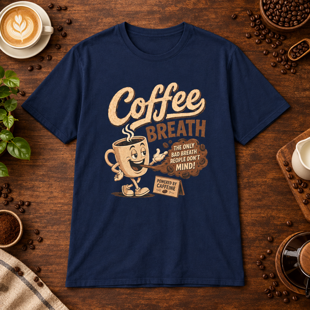 Coffee Breath T-Shirt Navy on warm coffee bar