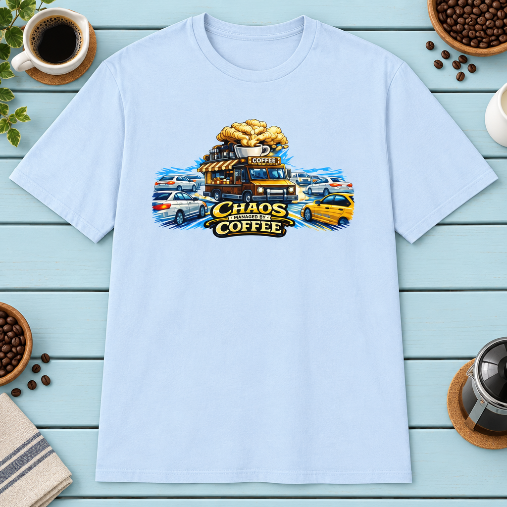 Chaos Managed by Coffee 2 T-Shirt in White, zoomed lifestyle mockup