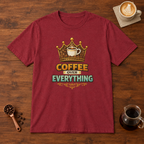 Coffee Over Everything T-Shirt Antique Cherry Red flat lay on walnut coffee bar
