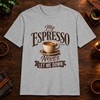 My Espresso Never Let Me Down T-Shirt in Sport Grey, overhead coffee-bar flat-lay mockup