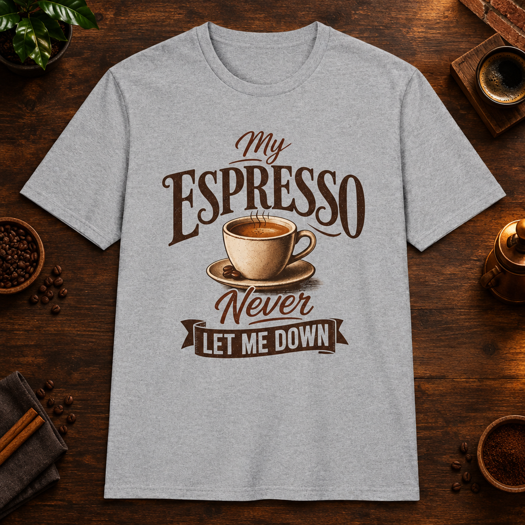 My Espresso Never Let Me Down T-Shirt in Sport Grey, overhead coffee-bar flat-lay mockup