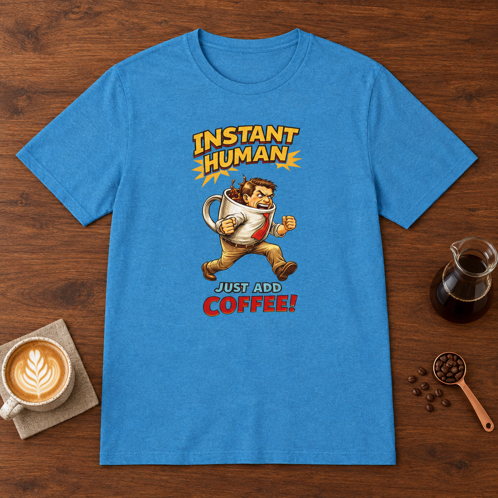 Instant Man T-Shirt Heather Sapphire coffee bar mockup
