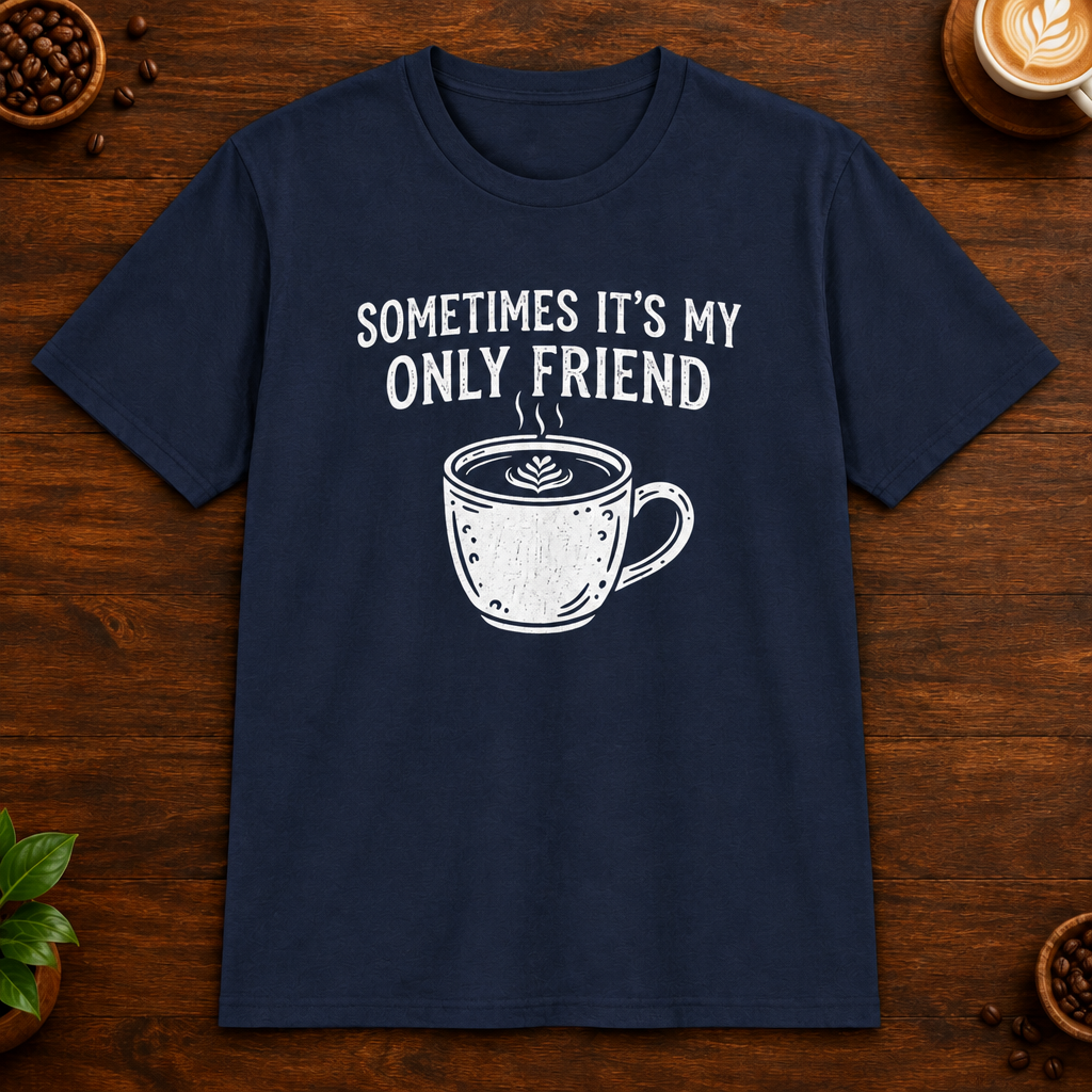 Sometimes It's My Only Friend T-Shirt in Navy on a dark wood coffee bar