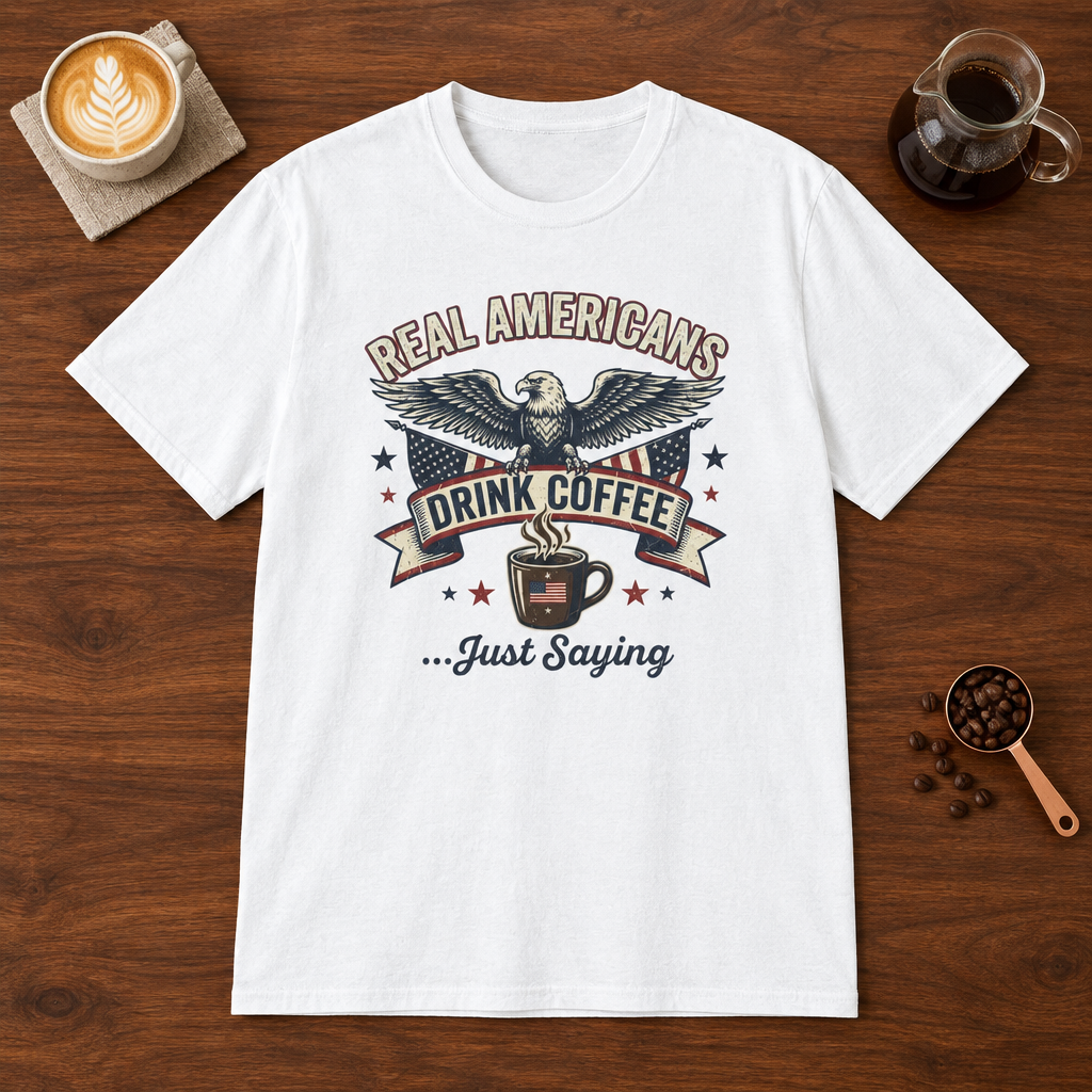 Real Americans T-Shirt White coffee bar mockup