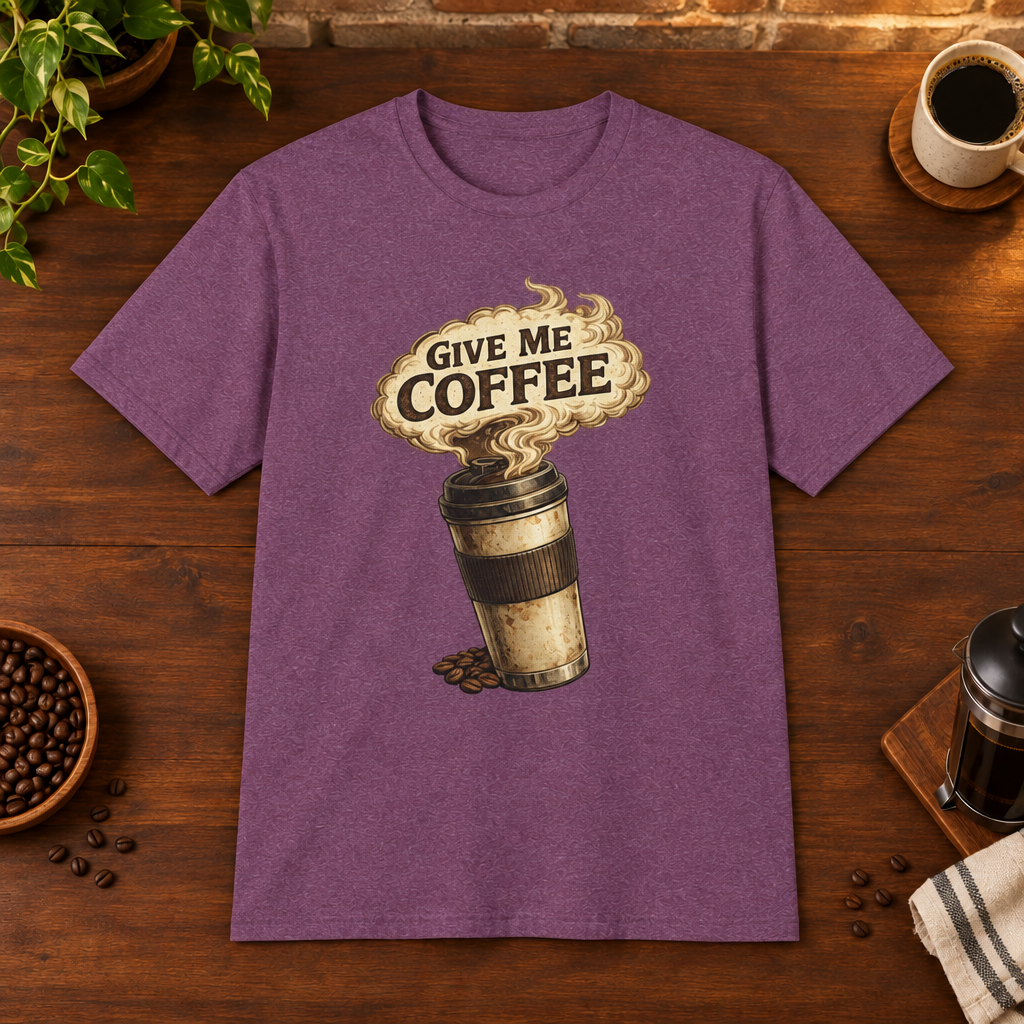 Give Me Coffee T-Shirt Heather Maroon coffee-bar flat lay, consistent framing