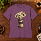 Give Me Coffee T-Shirt Heather Maroon coffee-bar flat lay, consistent framing