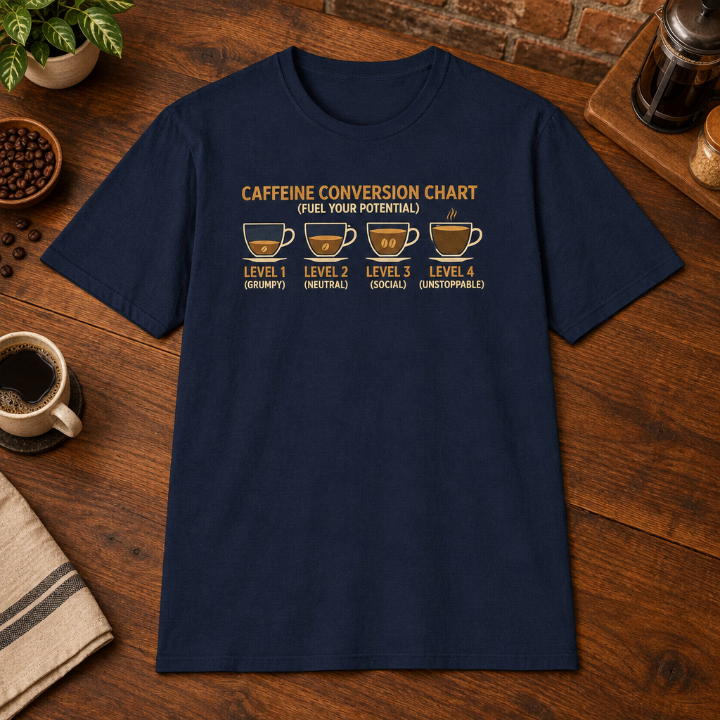 Caffeine Conversion T-Shirt Navy close-fill short-sleeve coffee-bar flat lay