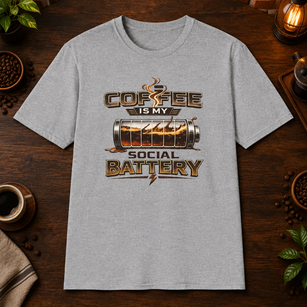 Coffee is My Social Battery T-Shirt in Sport Grey, zoomed lifestyle mockup