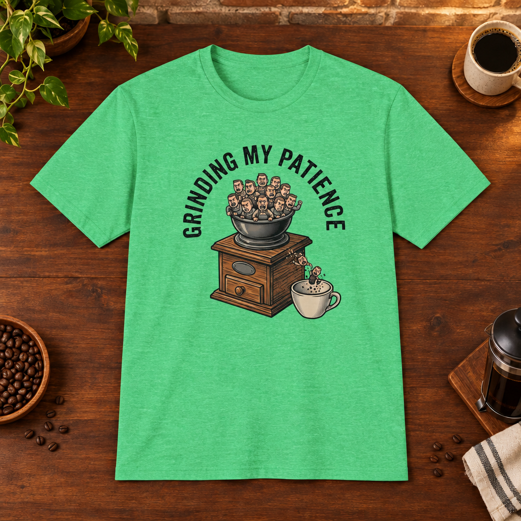 Grinding My Patience T-Shirt Heather Irish Green coffee-bar flat lay, consistent framing